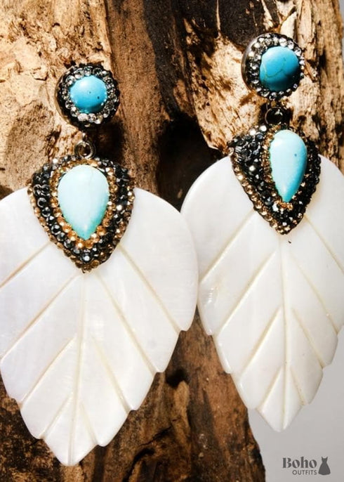 Boho Earrings, Dangle Earrings, Leaf White Shell